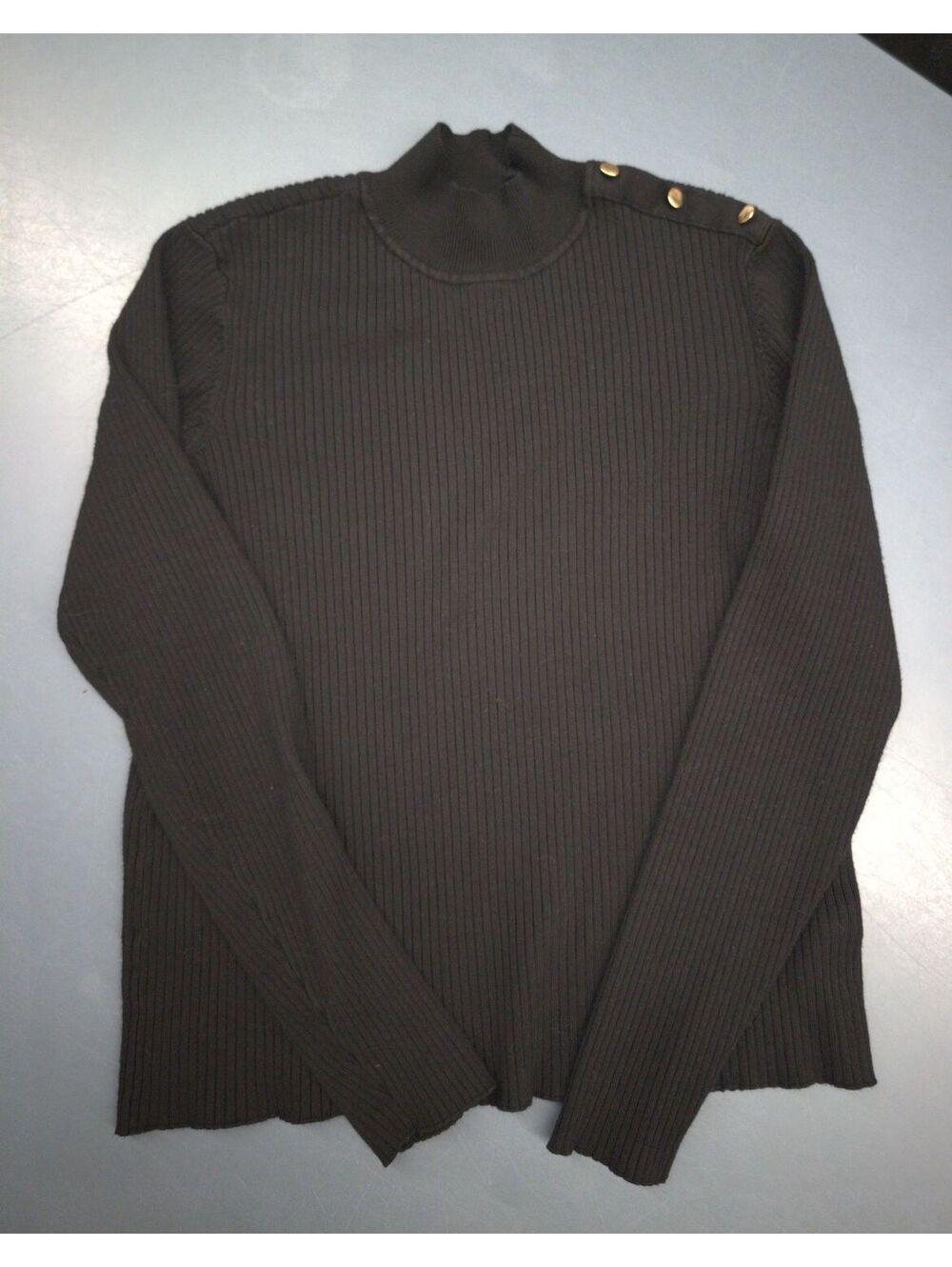 Marled Black Ribbed Knit Sweater with Shoulder Buttons XL